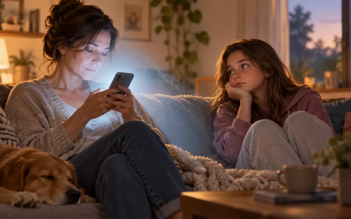Une maman qui consulte son smartphone à côté de sa fille qui la regarde d'un air las