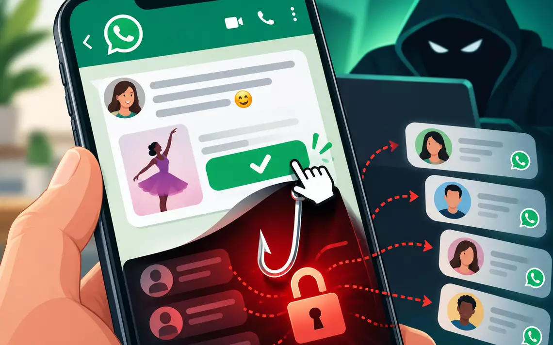 Illustration d’une arnaque WhatsApp utilisant un faux concours de danse pour piéger l’utilisateur et accéder à son compte.