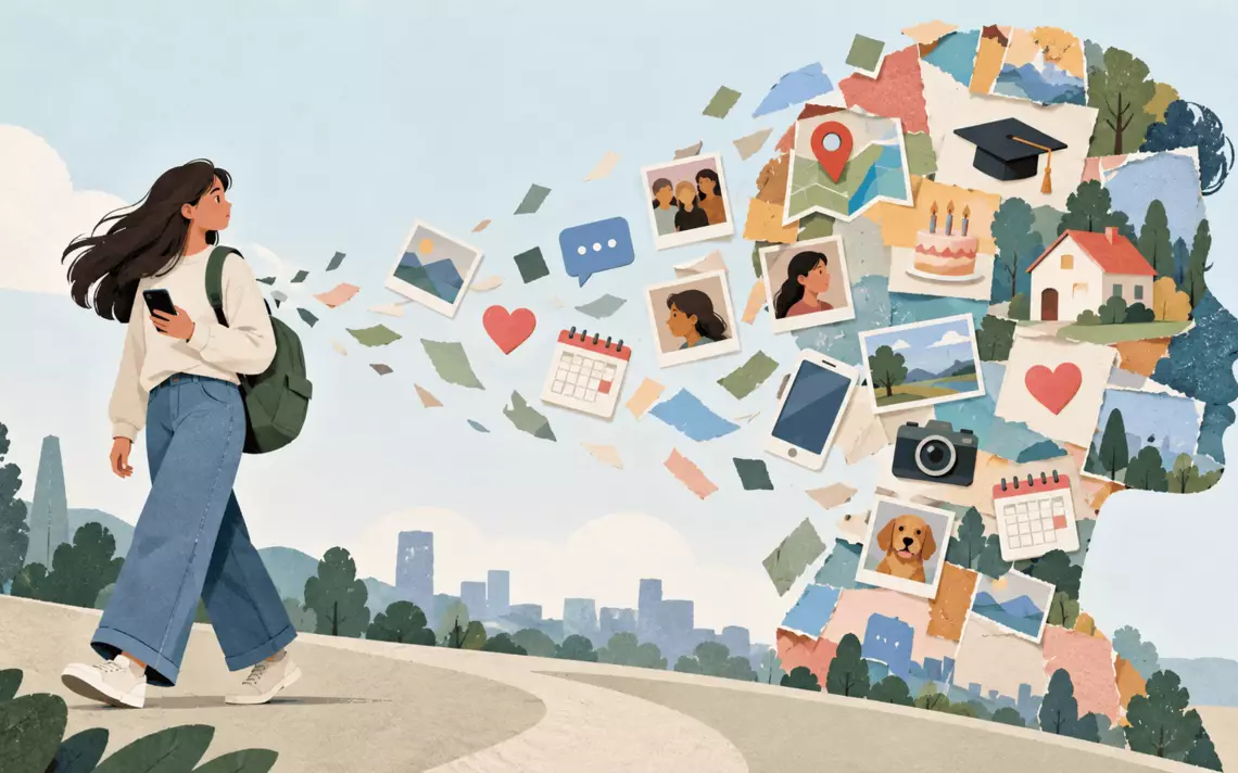 Illustration symbolique d’une jeune personne dont le profil numérique se construit à partir de photos, messages, localisation et informations personnelles partagées en ligne.