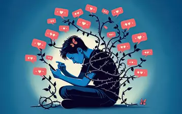 Un ado sur son smartphone dont émane des messages avec des "likes" et qui est à moitié recouvert de racines