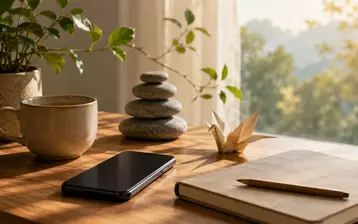 Smartphone éteint sur un bureau dans une ambiance zen