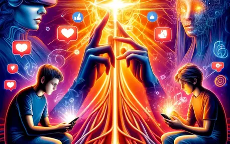 Deux jeunes sur leur smartphone et deux personnes en arrière plan, dont une avec un casque de réalité virtuel, touchant une lumière (divine) avec leur index