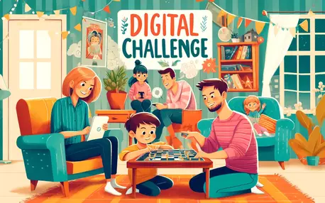 Une famille dans un salon qui fait différente activités (sur les écrans ou non)