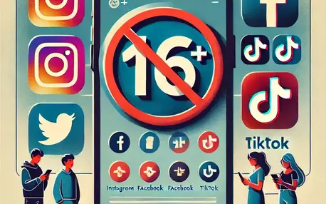 Un smartphone avec les logos des principaux réseaux sociaux sur l'écrans ainsi qu'un 16+ avec le panneau interdiction dessus