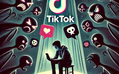 Un jeune sur son smartphone avec le logo de tiktok au dessus delui et tout autour des créatures haineuses et menaçantes