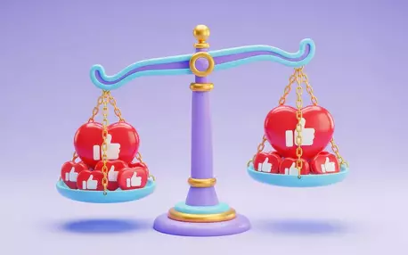 Balance symbolisant la justice avec des Likes symbolisant les réseaux sociaux dans chaque plateau