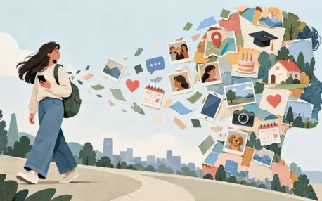 Illustration symbolique d’une jeune personne dont le profil numérique se construit à partir de photos, messages, localisation et informations personnelles partagées en ligne.
